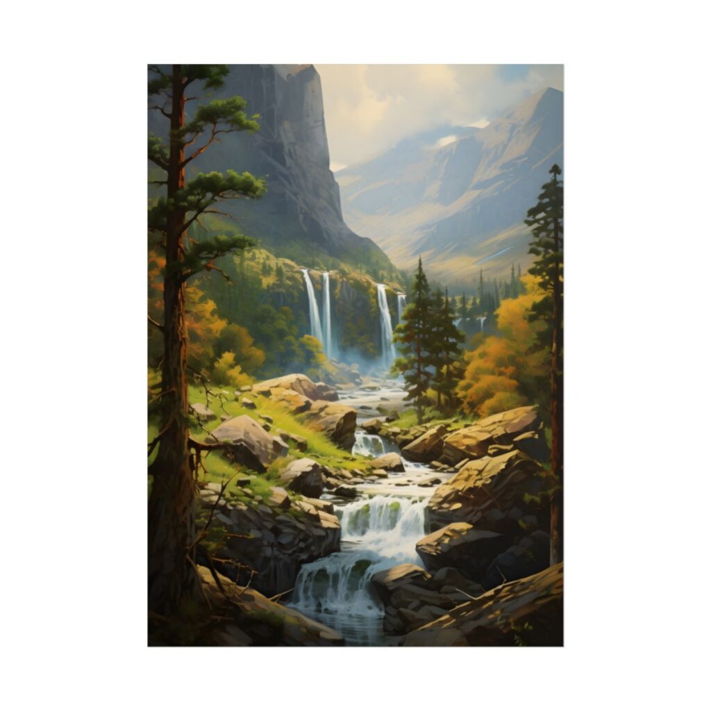 Breathtaking Waterfall: Impressionist Oil Painting - Poster