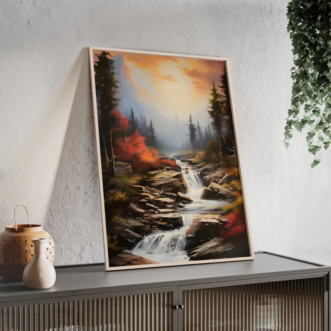 Breathtaking Waterfall: Magnificent Oil Painting - Framed Poster