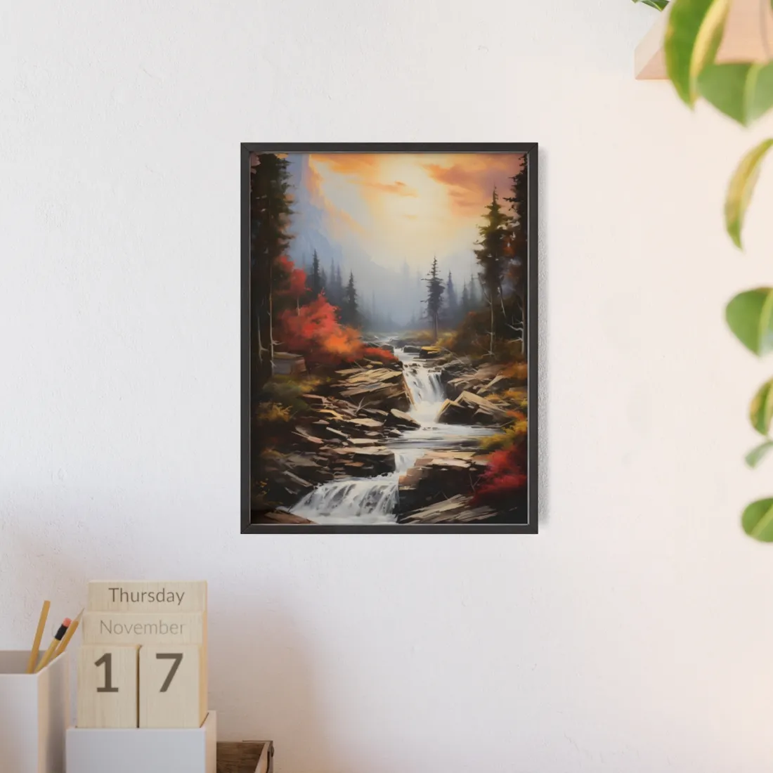 Breathtaking Waterfall: Magnificent Oil Painting - Framed Poster