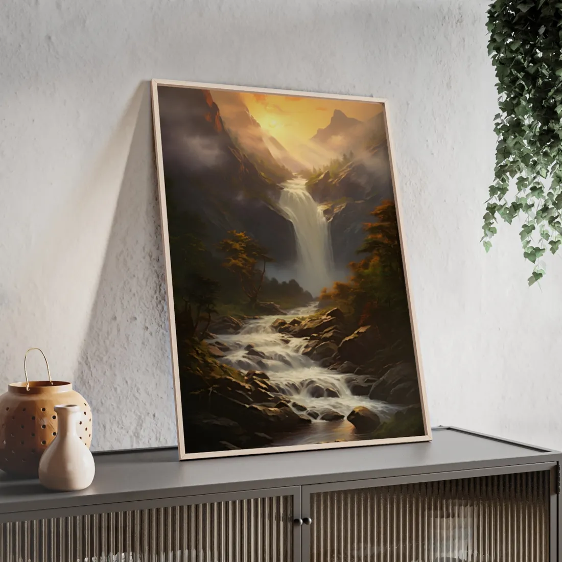 Breathtaking Waterfall: Nature's Beauty in Oil Painting - Framed Poster