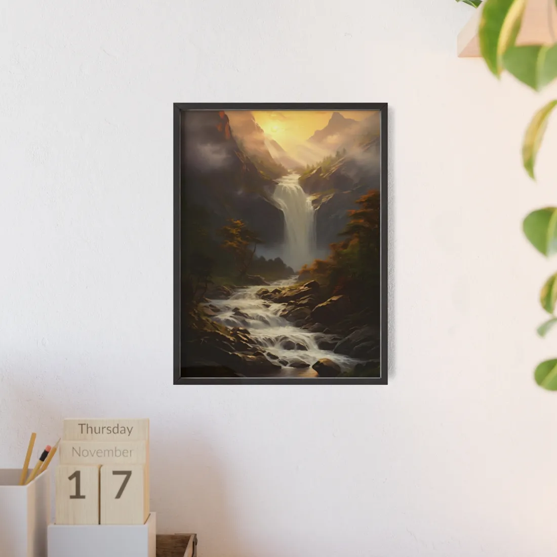Breathtaking Waterfall: Nature's Beauty in Oil Painting - Framed Poster