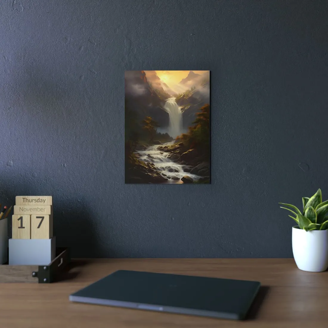 Breathtaking Waterfall: Nature's Beauty in Oil Painting - Metal Poster