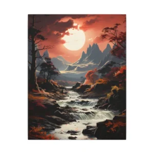 Red Sunset over Mountain Stream Canvas Print