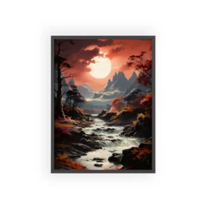 Red Sunset over Mountain Stream Framed Poster
