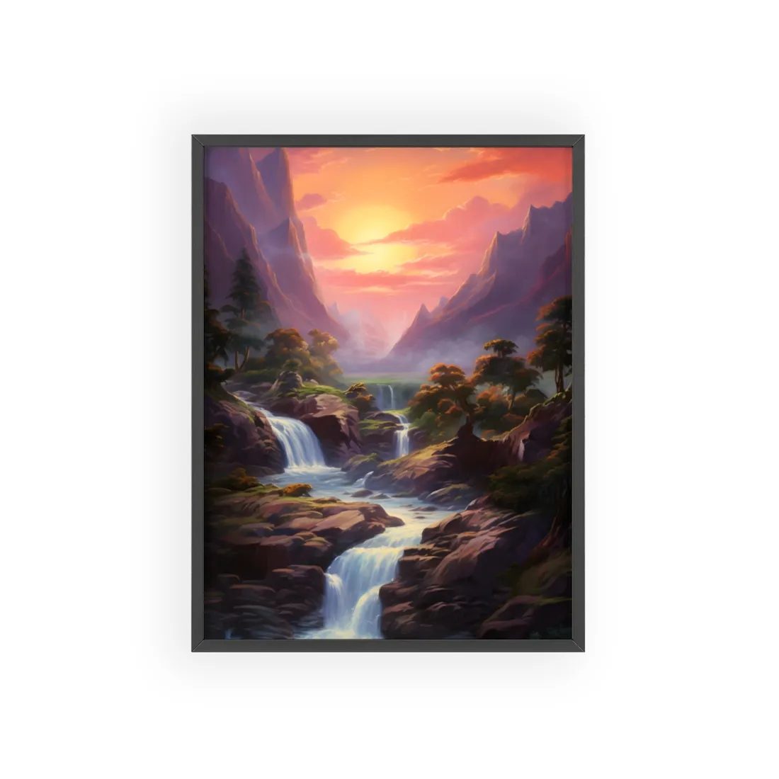 Breathtaking Waterfall Oil Painting: Lush Landscape Art - Framed Poster