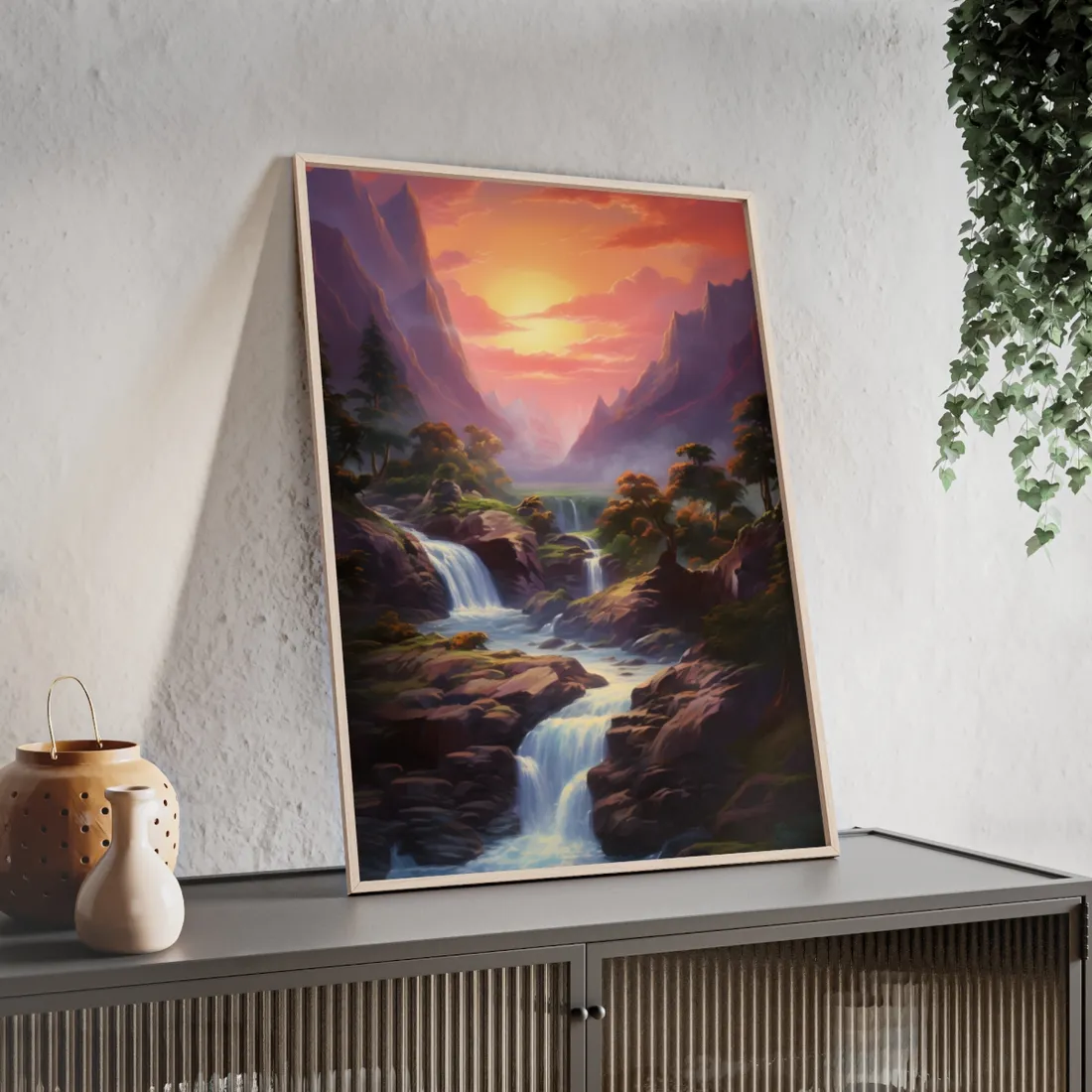 Breathtaking Waterfall Oil Painting: Lush Landscape Art - Framed Poster