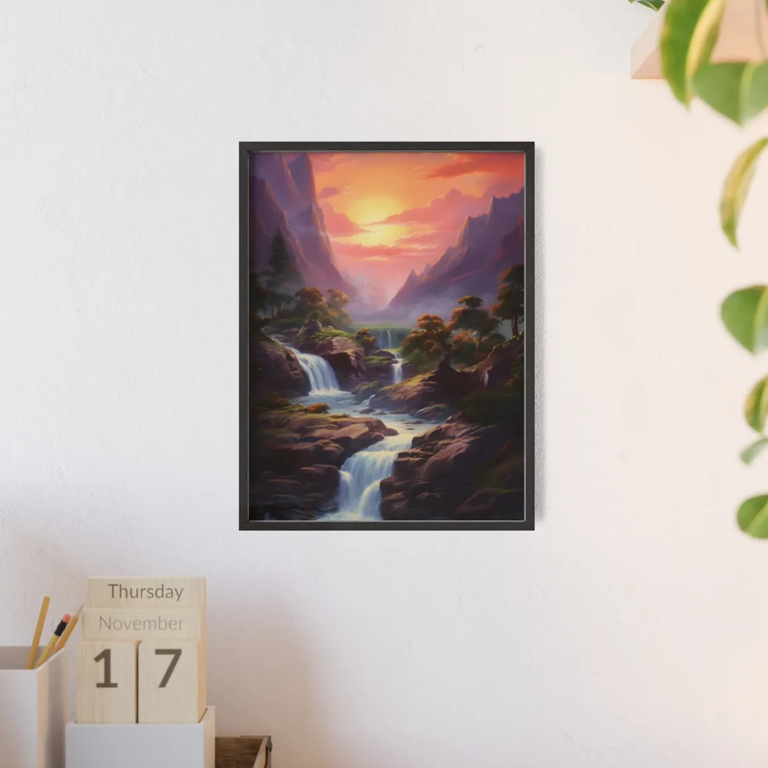 Breathtaking Waterfall Oil Painting: Lush Landscape Art - Framed Poster
