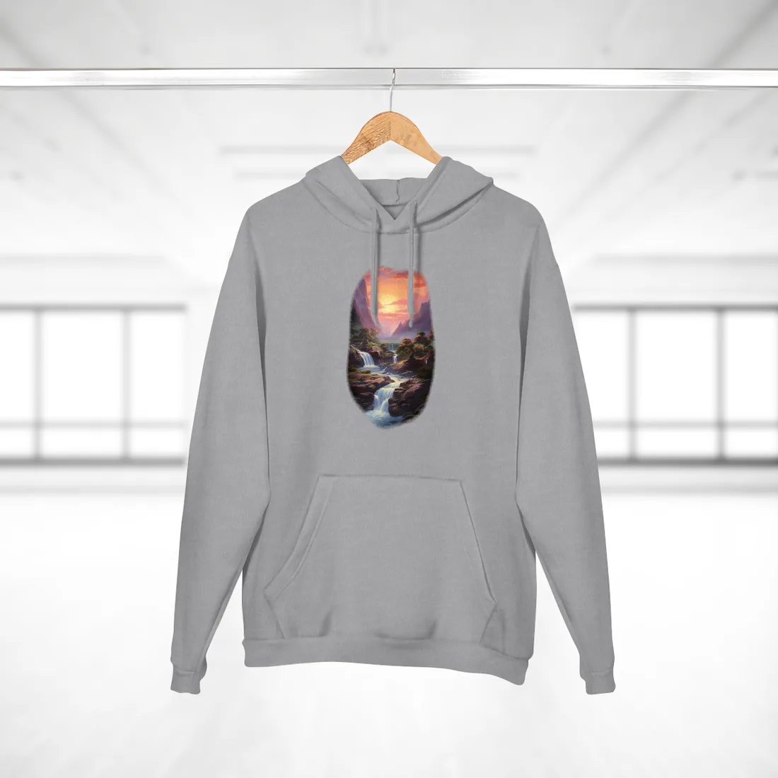 Portrait painting of waterfalls cascading through a rocky valley toward a glowing sunset between misty – Hoodie, heather grey