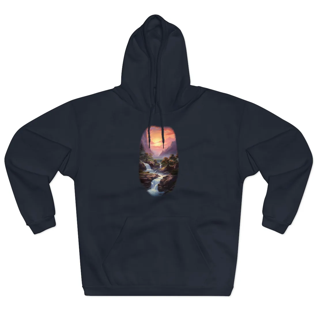 Portrait painting of waterfalls cascading through a rocky valley toward a glowing sunset between misty – Hoodie, navy
