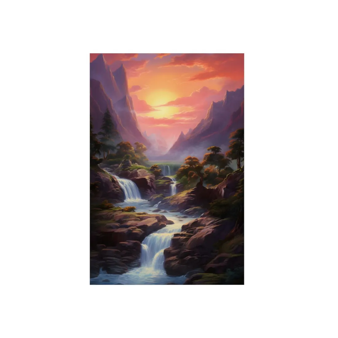 Breathtaking Waterfall Oil Painting: Lush Landscape Art - Metal Poster