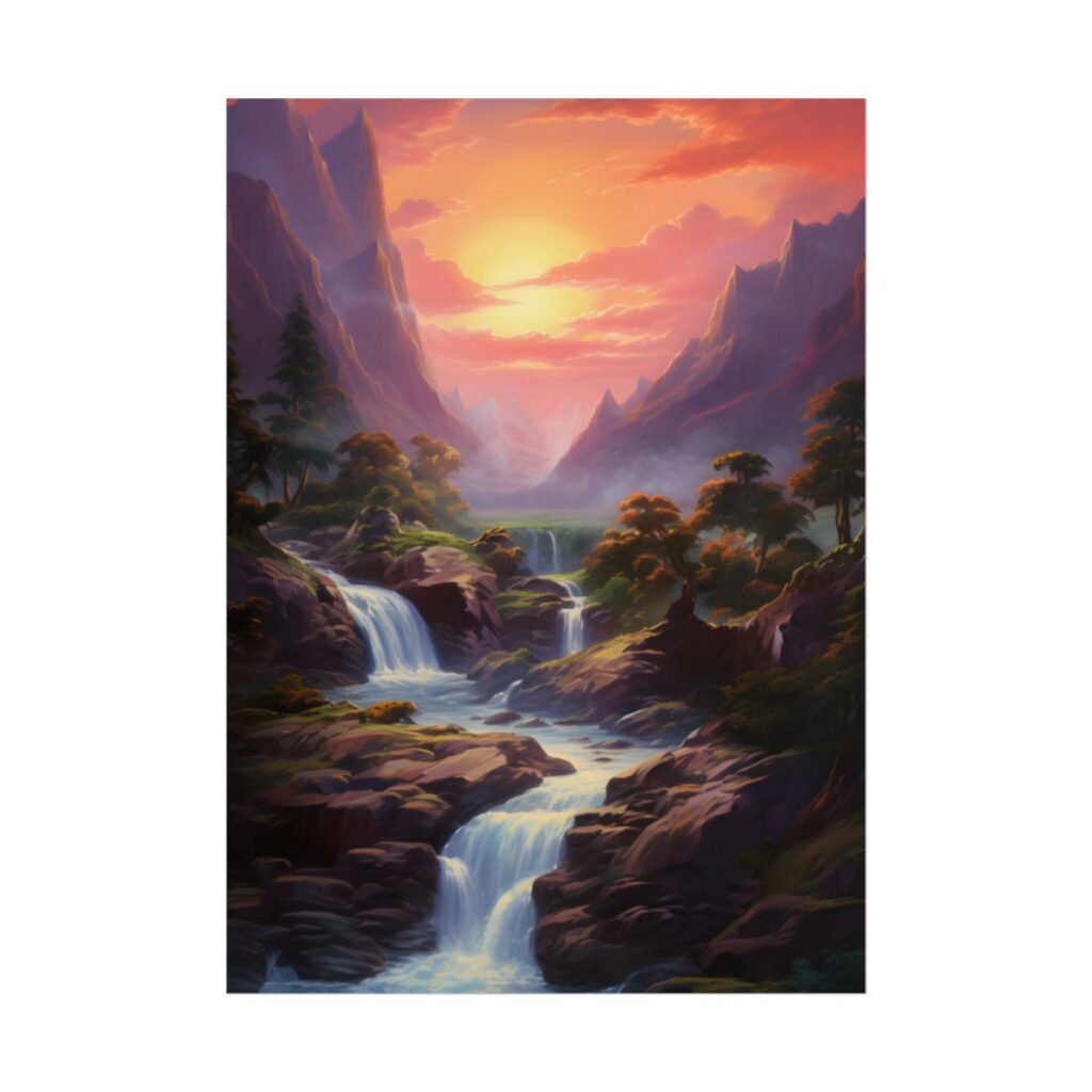 Breathtaking Waterfall Oil Painting: Lush Landscape Art - Poster
