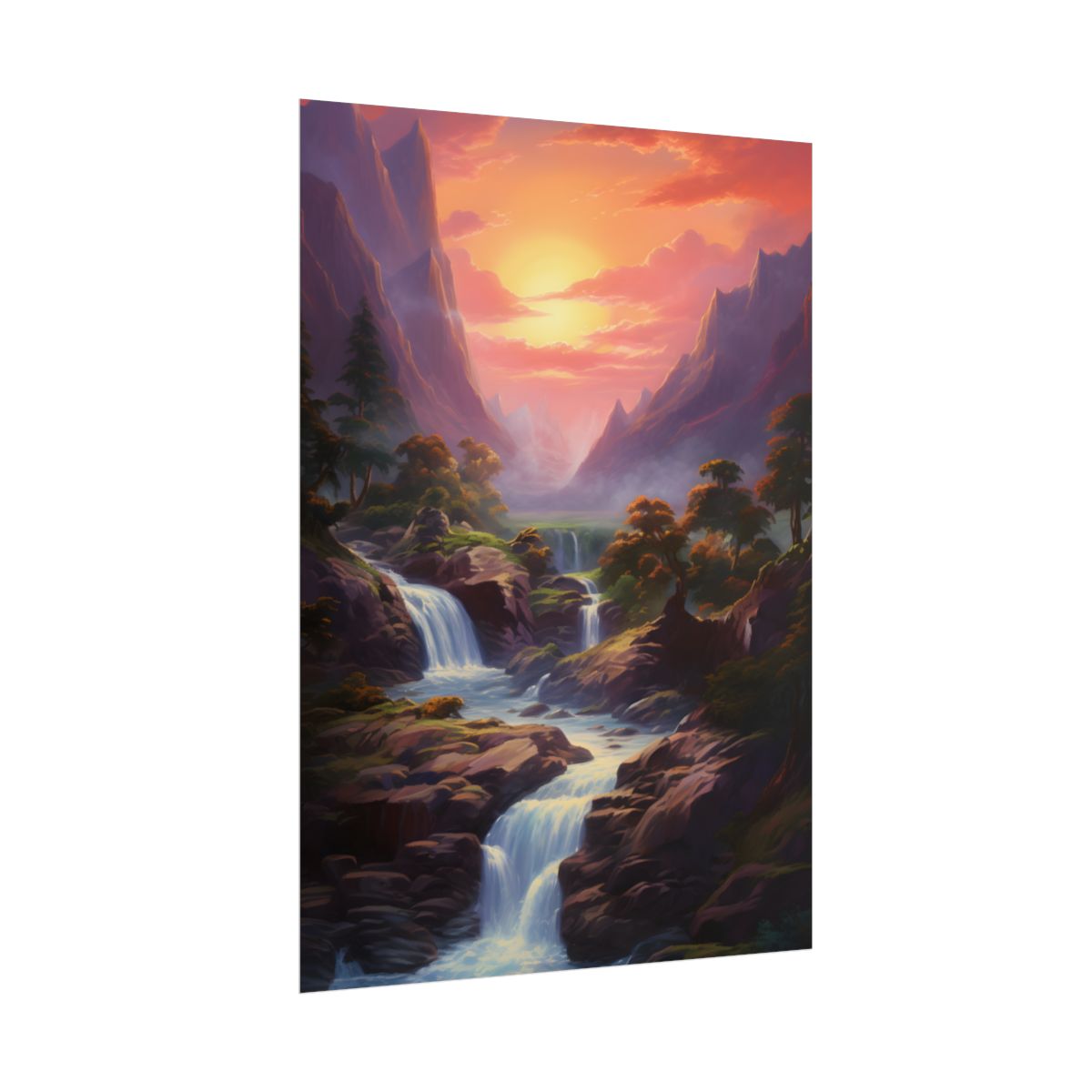 Breathtaking Waterfall Oil Painting: Lush Landscape Art - Poster