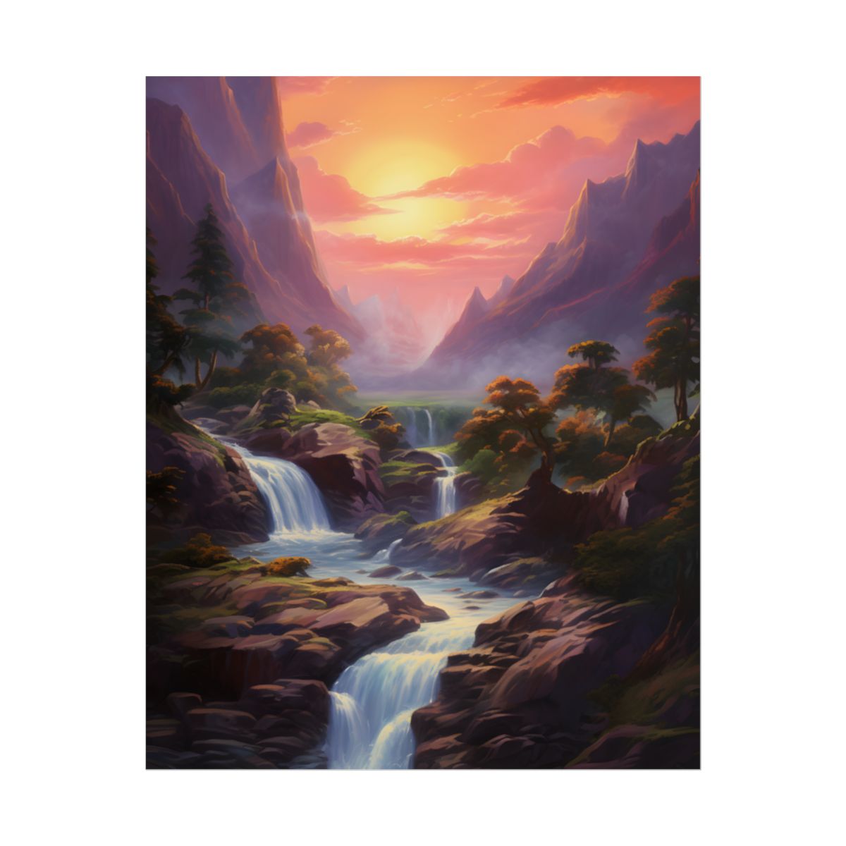 Breathtaking Waterfall Oil Painting: Lush Landscape Art - Poster