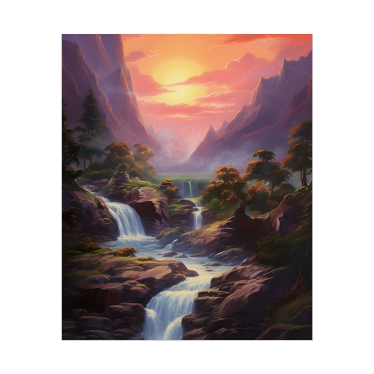 Breathtaking Waterfall Oil Painting: Lush Landscape Art - Poster