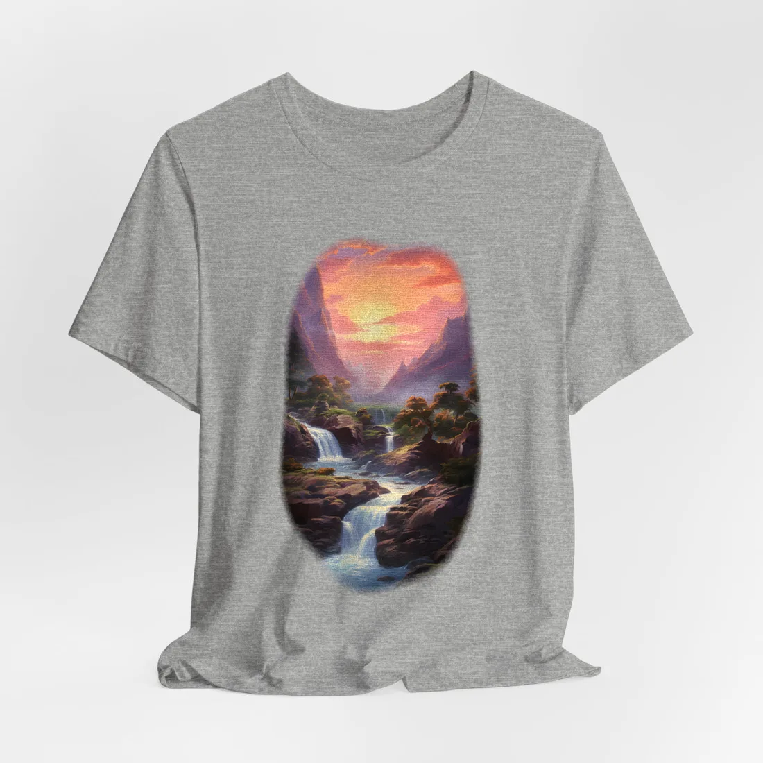 Portrait painting of waterfalls cascading through a rocky valley toward a glowing sunset between – T-Shirt, athletic heather