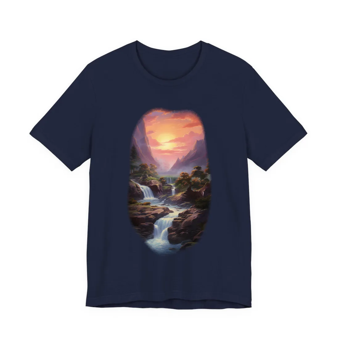Portrait painting of waterfalls cascading through a rocky valley toward a glowing sunset between misty – T-Shirt, navy