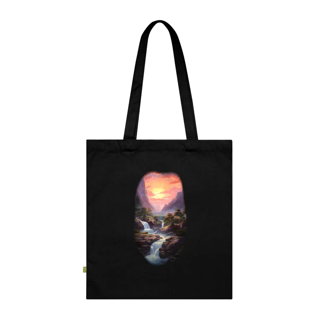 Portrait painting of waterfalls cascading through a rocky valley toward a glowing sunset between misty – Tote Bag, black