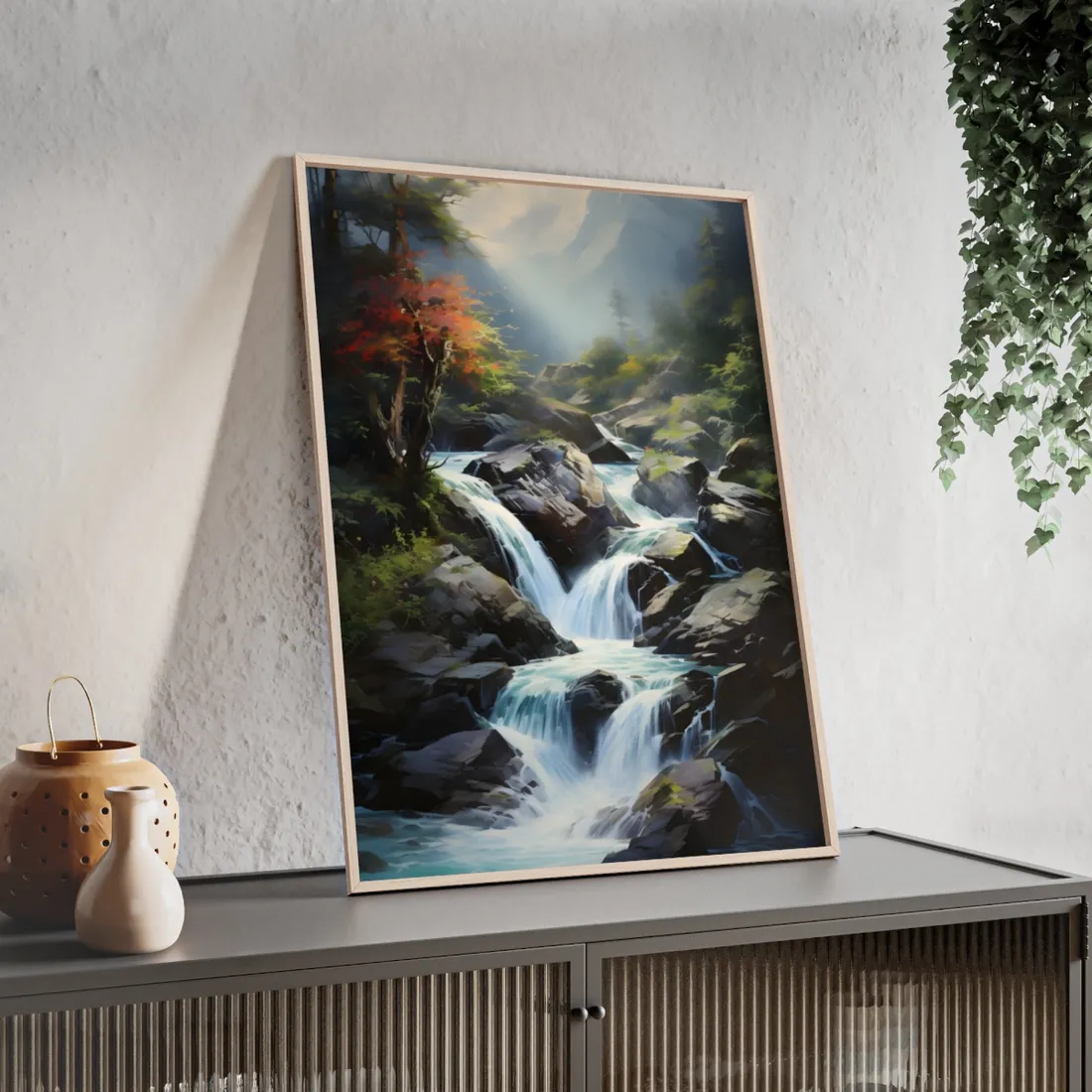 Breathtaking Waterfall: Oil Painting Masterpiece - Framed Poster