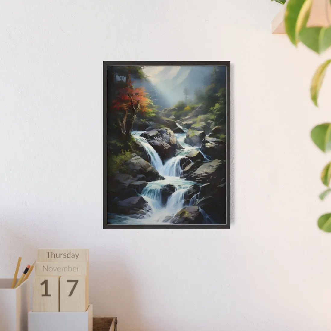 Breathtaking Waterfall: Oil Painting Masterpiece - Framed Poster