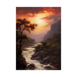 Sunset River Waterfall Landscape Poster