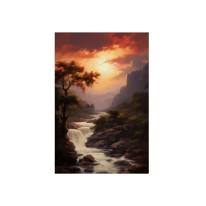 Sunset River Waterfall Landscape Metal Poster