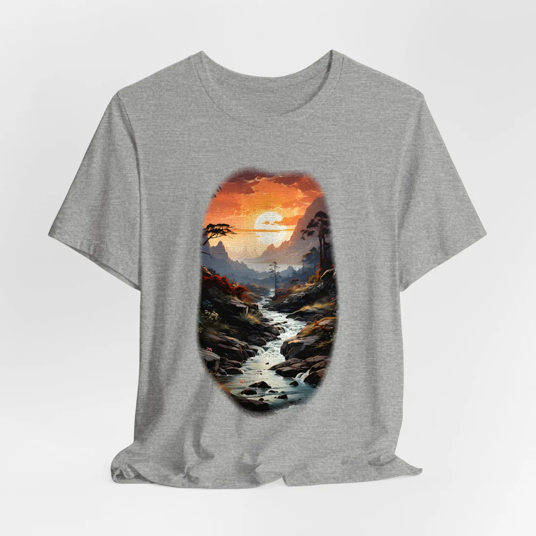 Glowing orange sunset over a rocky mountain stream with silhouetted pine trees – T-Shirt, athletic heather
