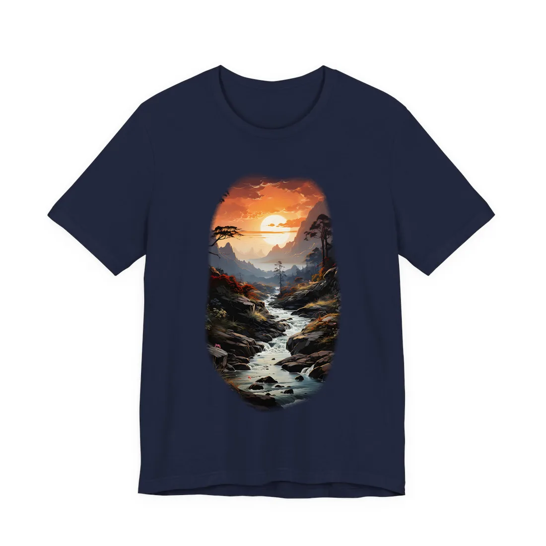 Glowing orange sunset over a rocky mountain stream with silhouetted pine trees – T-Shirt, navy