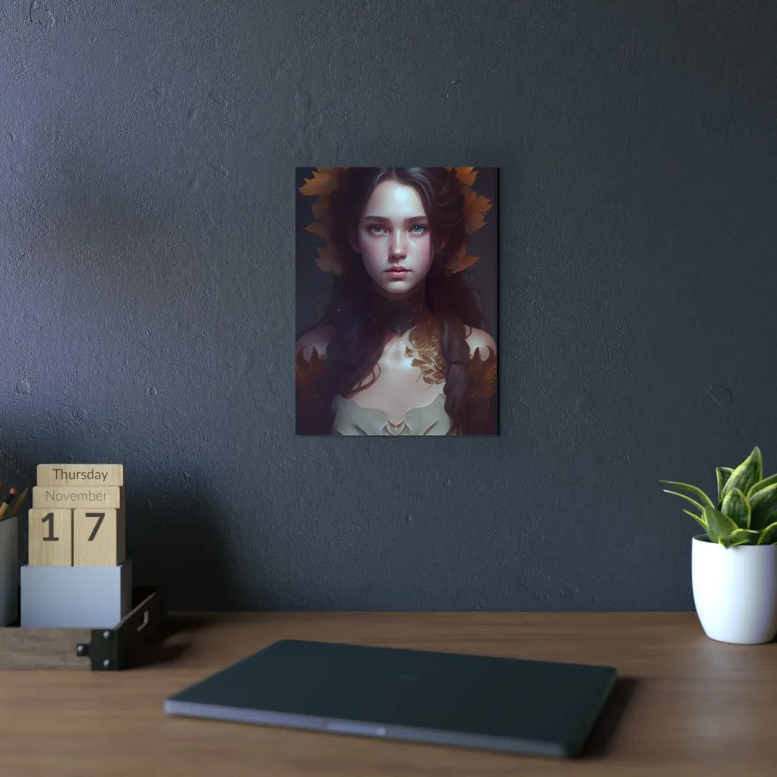 Brown Hair Female Portrait: Artistic Style Digital Art - Metal Poster