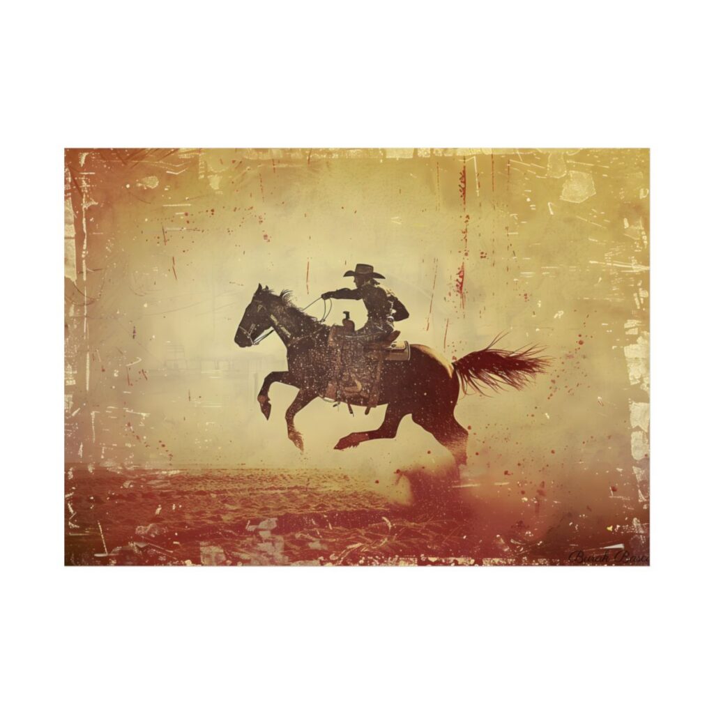 Bucking Bronc Action: Cowboy Riding in a Retro Rodeo Scene - Artwork - Poster