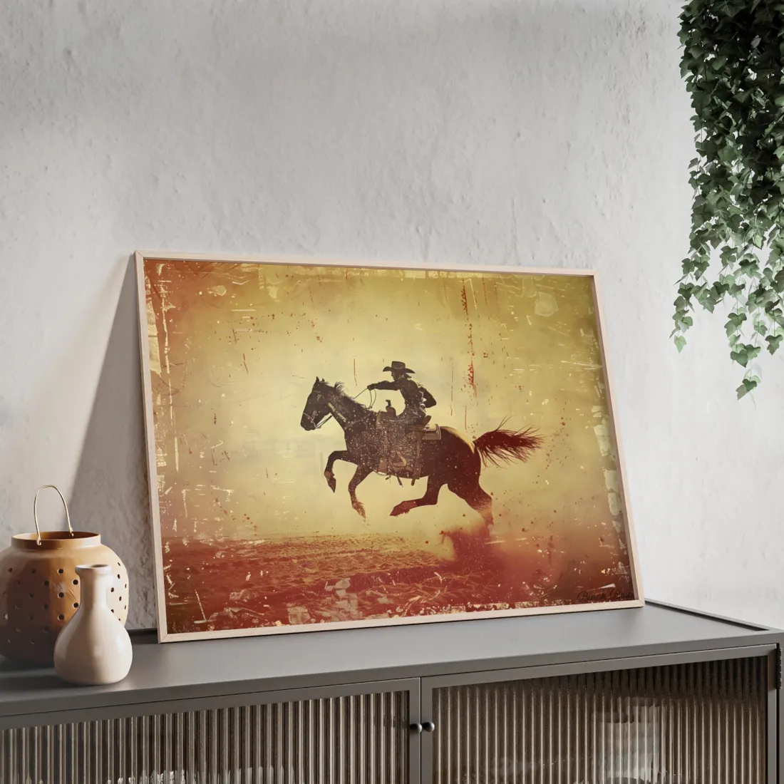 Bucking Bronc Action: Cowboy Riding in a Retro Rodeo Scene - Framed Poster