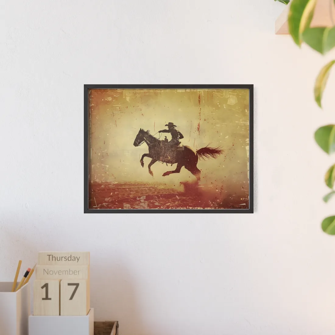 Bucking Bronc Action: Cowboy Riding in a Retro Rodeo Scene - Framed Poster