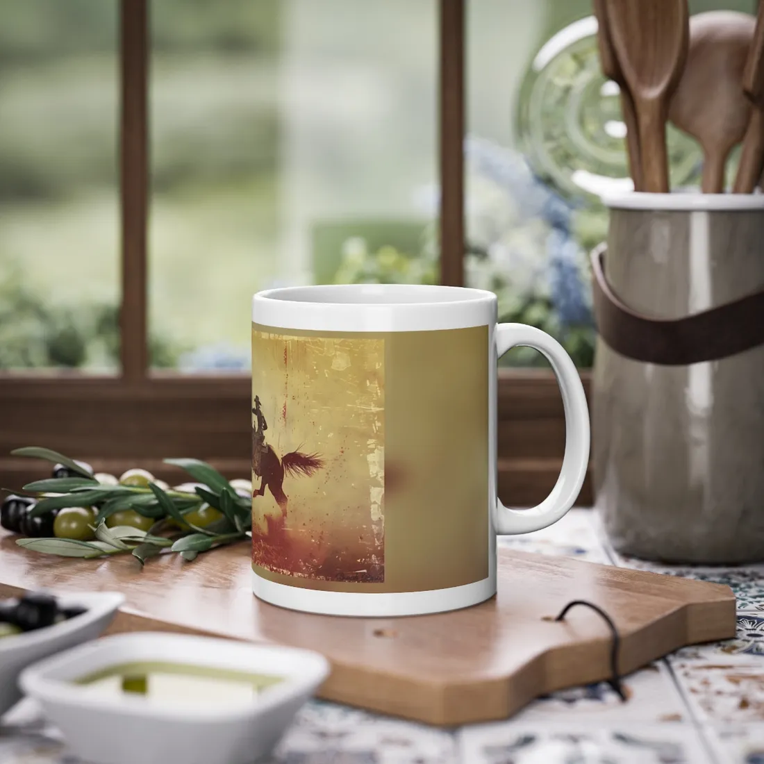 Bucking Bronc Action: Cowboy Riding in a Retro Rodeo Scene - Mug