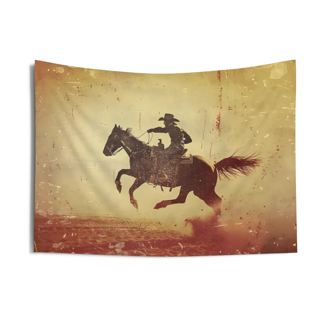 Bucking Bronc Action: Cowboy Riding in a Retro Rodeo Scene - Wall Tapestry