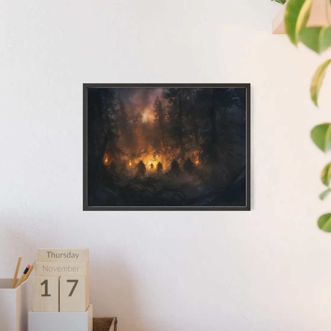 burakbasci A dark and misty forest at sunset with a group of eb9dcf0b-32b2-4276- - Framed Poster