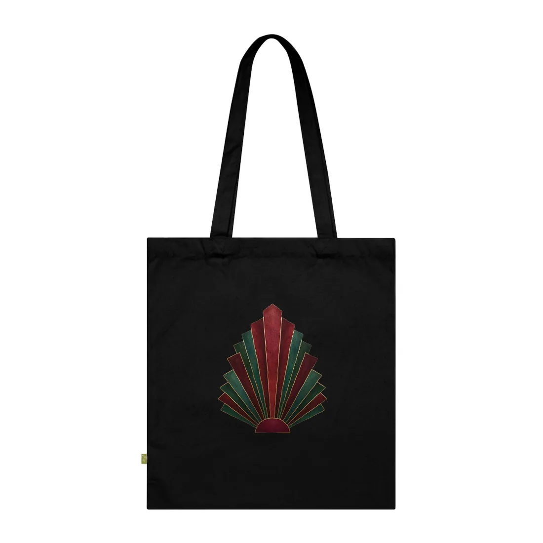 Symmetrical Art Deco fan of red and green stripes with gold outlines on a cream textured background – Tote Bag, view 3