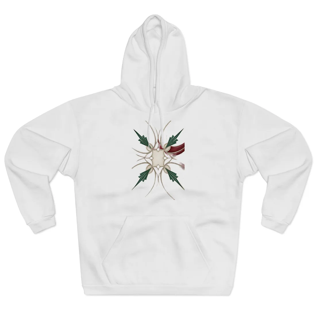 Symmetrical art deco pattern with red swooping bands, green fan shapes, and cream background – Hoodie, view 1