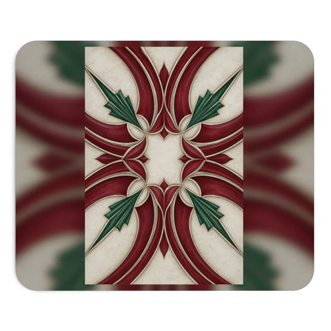 Symmetrical art deco pattern with red swooping bands, green fan shapes, and cream background – Mouse Pad, view 1