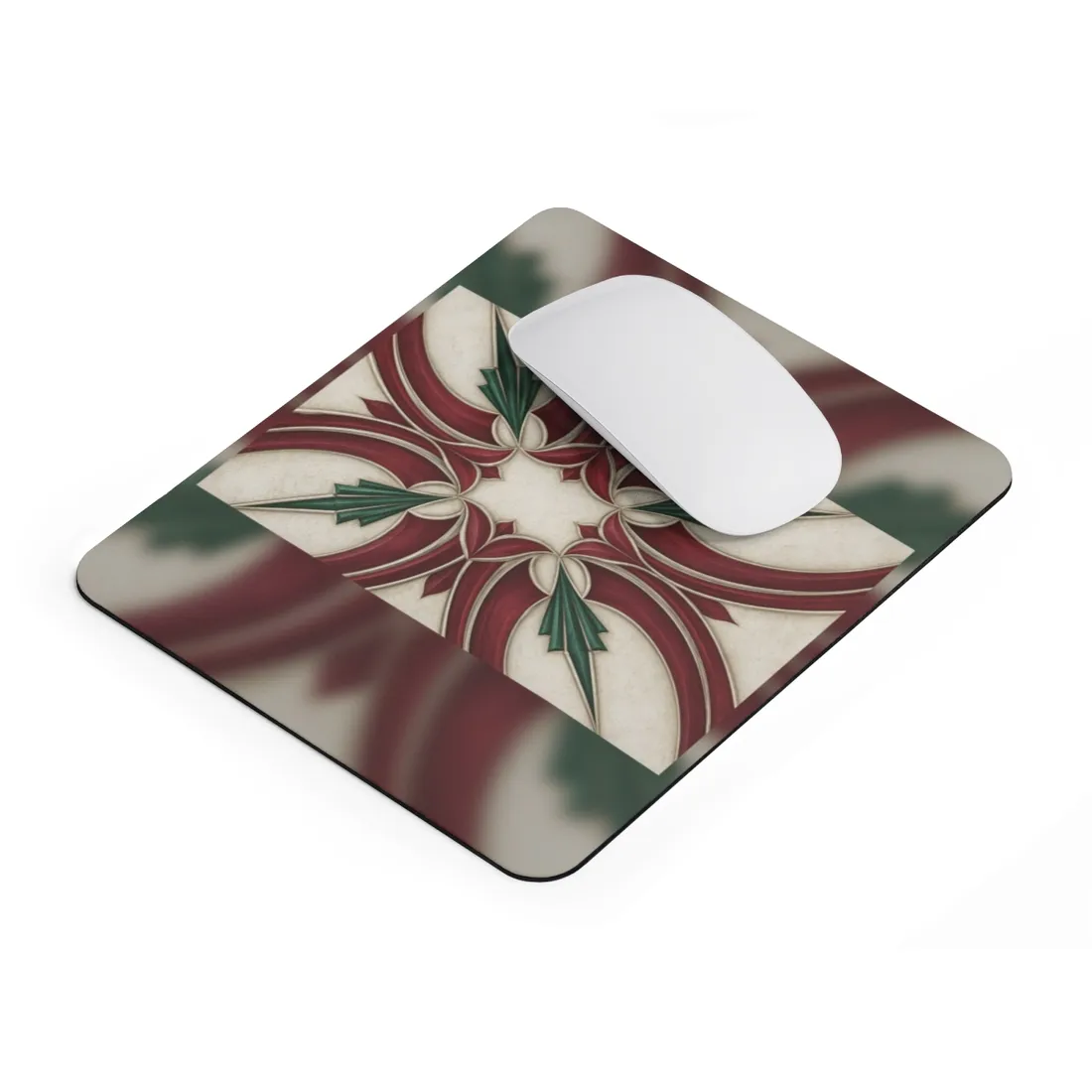 Symmetrical art deco pattern with red swooping bands, green fan shapes, and cream background – Mouse Pad, view 2