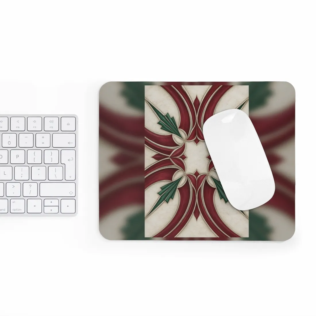 Symmetrical art deco pattern with red swooping bands, green fan shapes, and cream background – Mouse Pad, view 3
