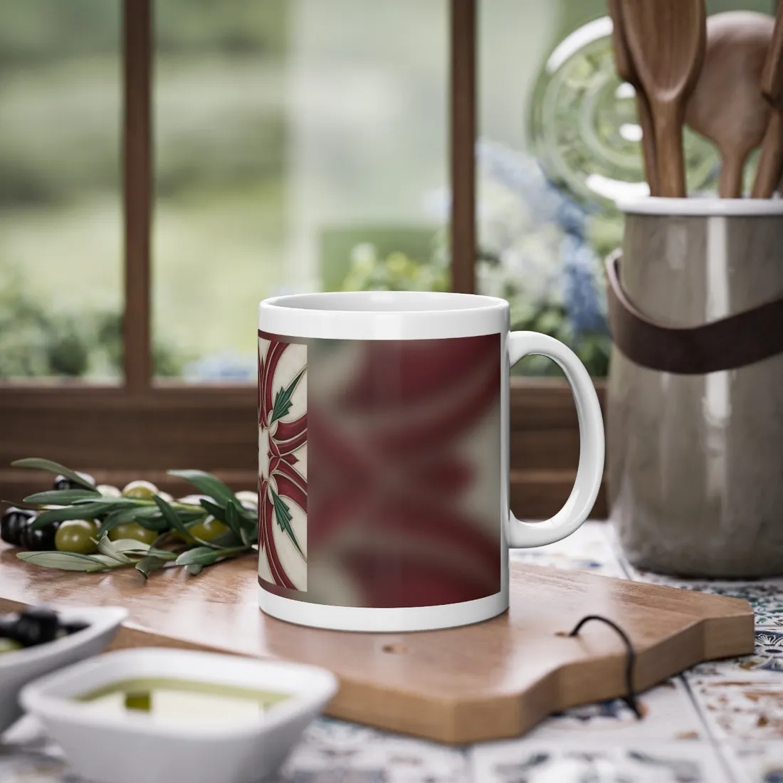 Symmetrical art deco pattern with red swooping bands, green fan shapes, and cream background – Mug, view 2
