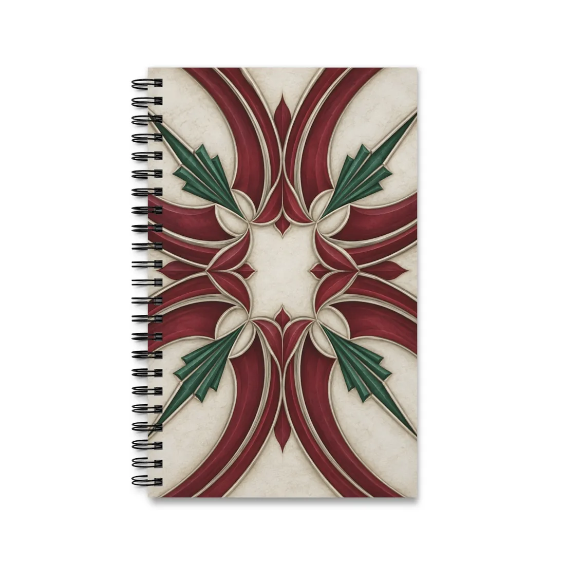 Symmetrical art deco pattern with red swooping bands, green fan shapes, and cream background – Spiral Notebook, view 1