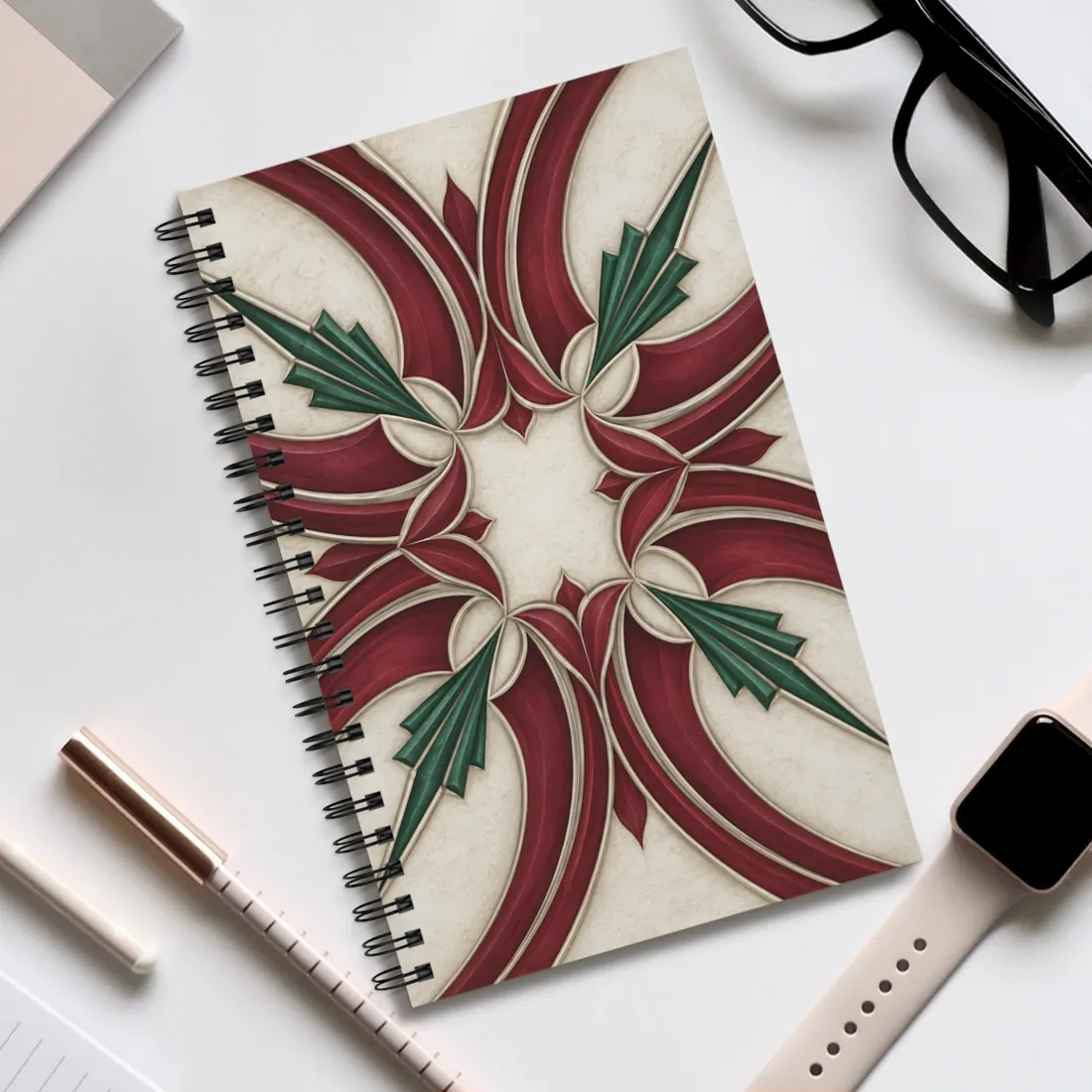 Symmetrical art deco pattern with red swooping bands, green fan shapes, and cream background – Spiral Notebook, view 2