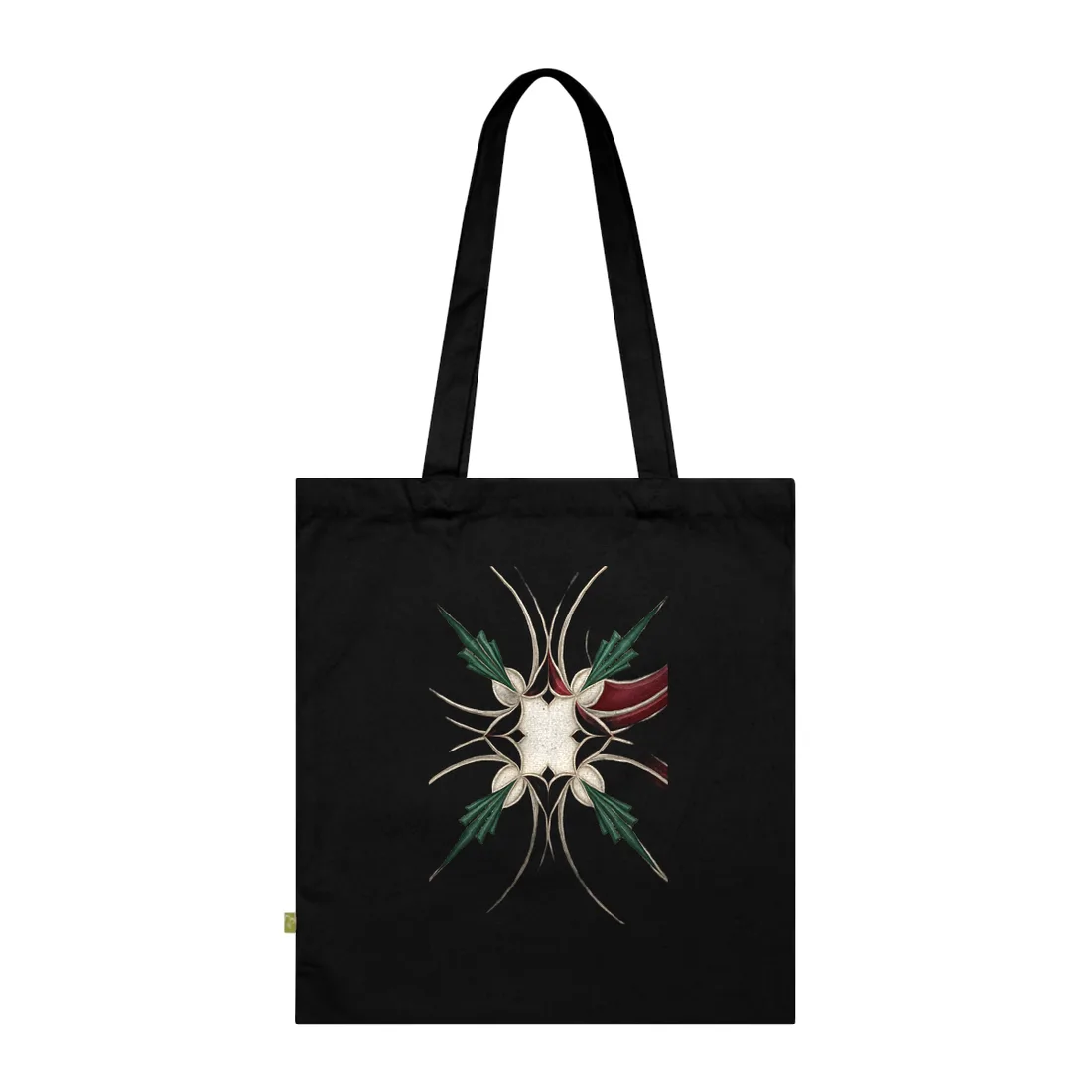 Symmetrical art deco pattern with red swooping bands, green fan shapes, and cream background – Tote Bag, view 1