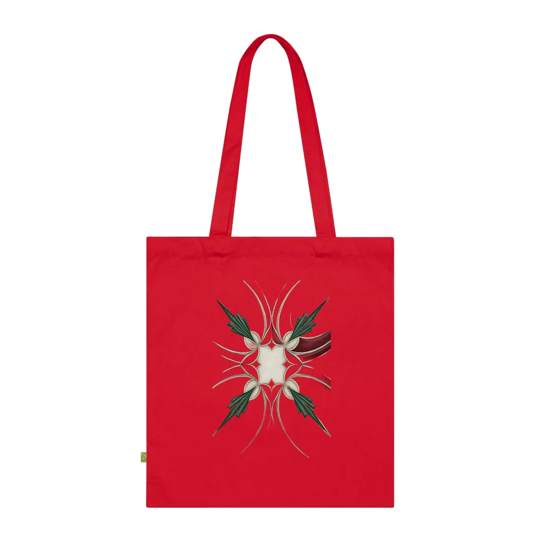 Symmetrical art deco pattern with red swooping bands, green fan shapes, and cream background – Tote Bag, view 3