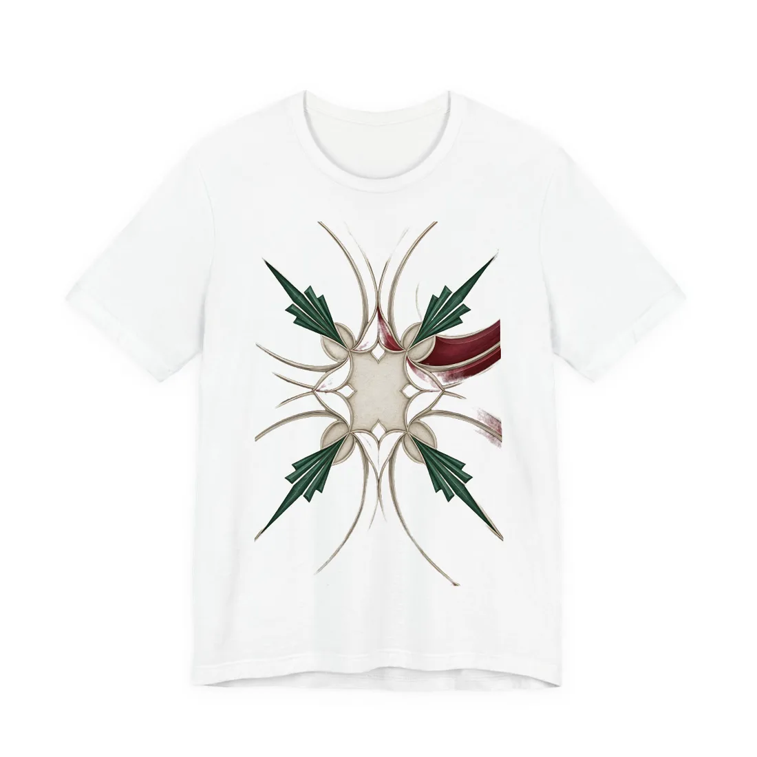 Symmetrical art deco pattern with red swooping bands, green fan shapes, and cream background – T-Shirt, view 1