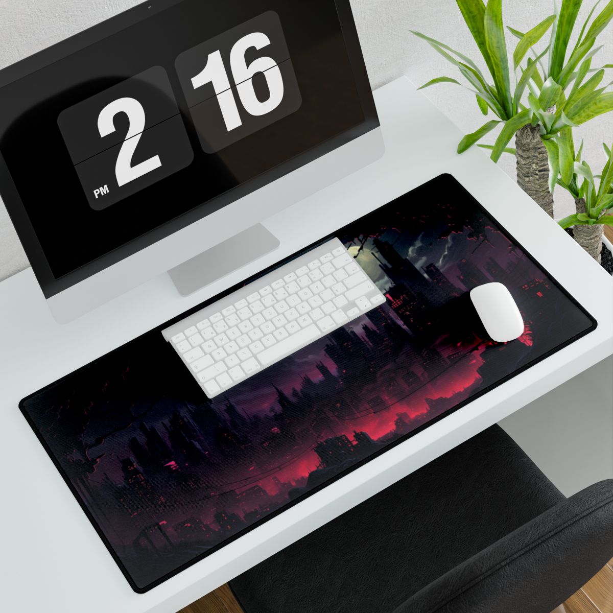 Burning Cyberpunk Cityscape at Night: Digital Art - Desk Mat
