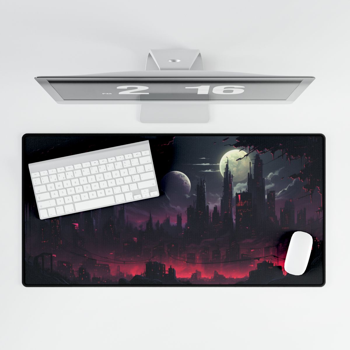 Burning Cyberpunk Cityscape at Night: Digital Art - Desk Mat
