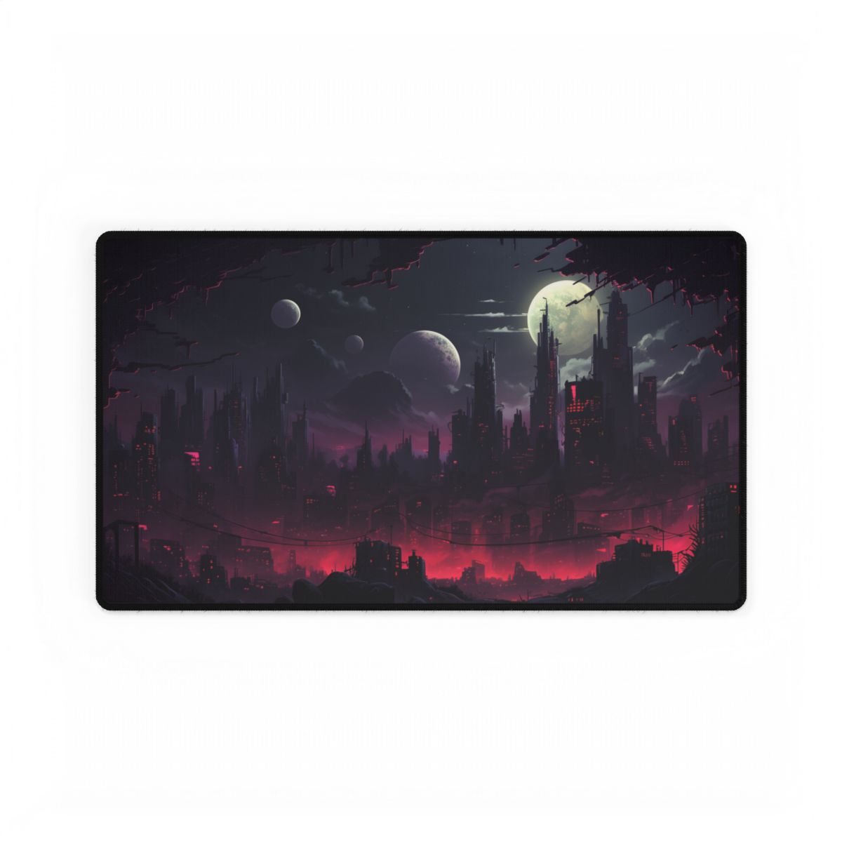 Burning Cyberpunk Cityscape at Night: Digital Art - Desk Mat