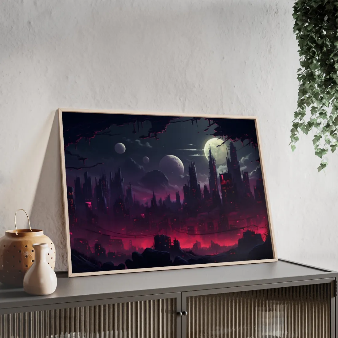 Burning Cyberpunk Cityscape at Night: Digital Art - Framed Poster