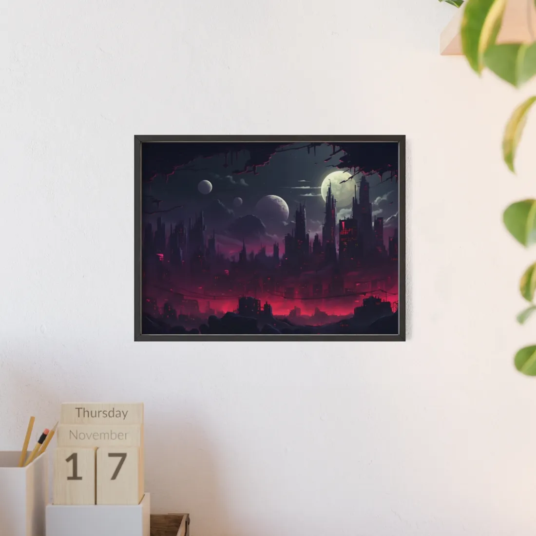 Burning Cyberpunk Cityscape at Night: Digital Art - Framed Poster